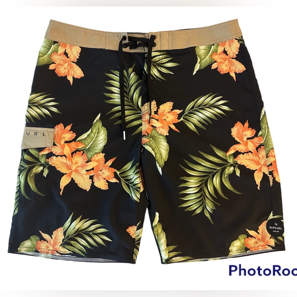 Rip Curl Mens Size 34 Hawaiian Floral Black Board Shorts with Side Pockets Surf